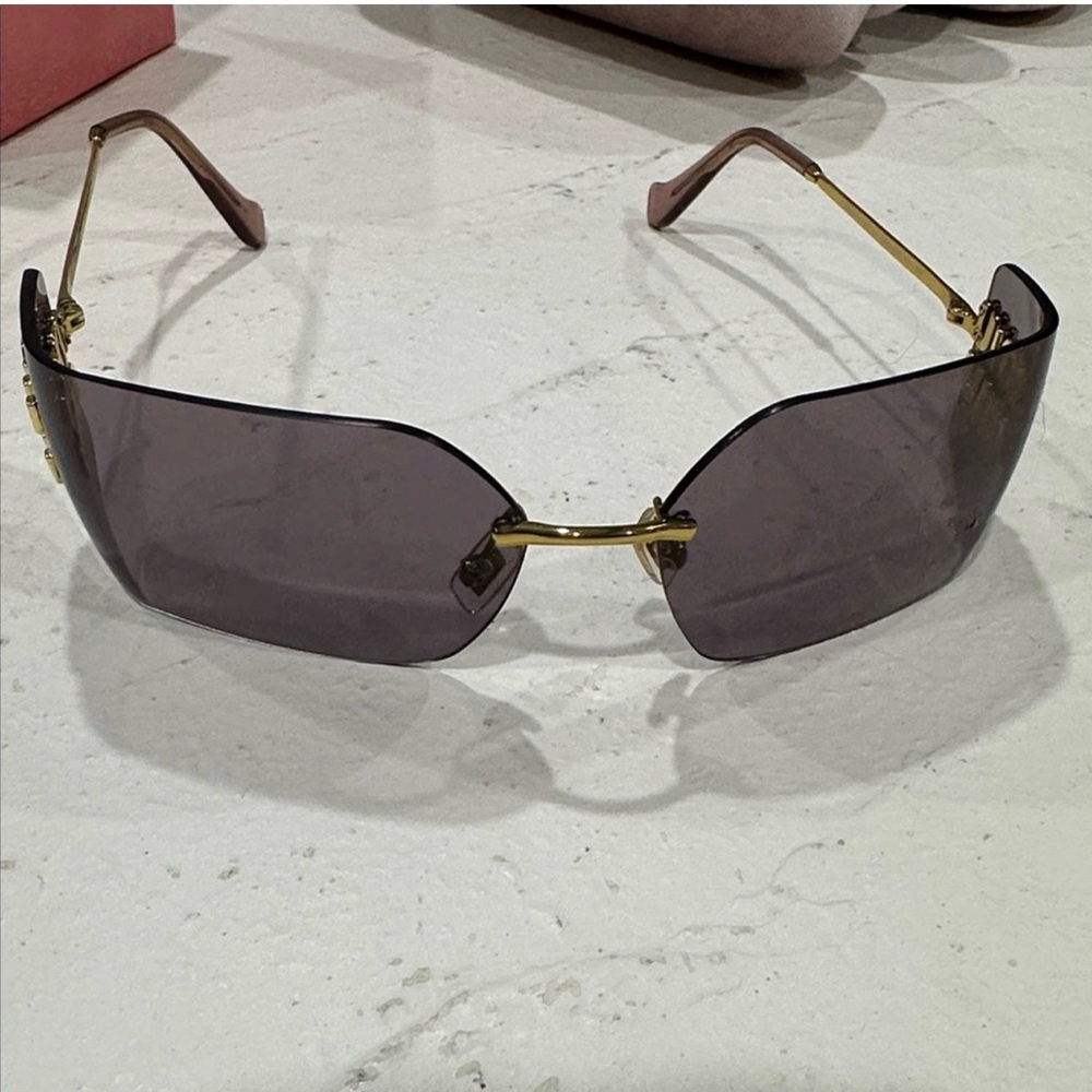 Miu Miu Rimless Square Sunglasses in Mauve with Gold Accents - Picture 3 of 8